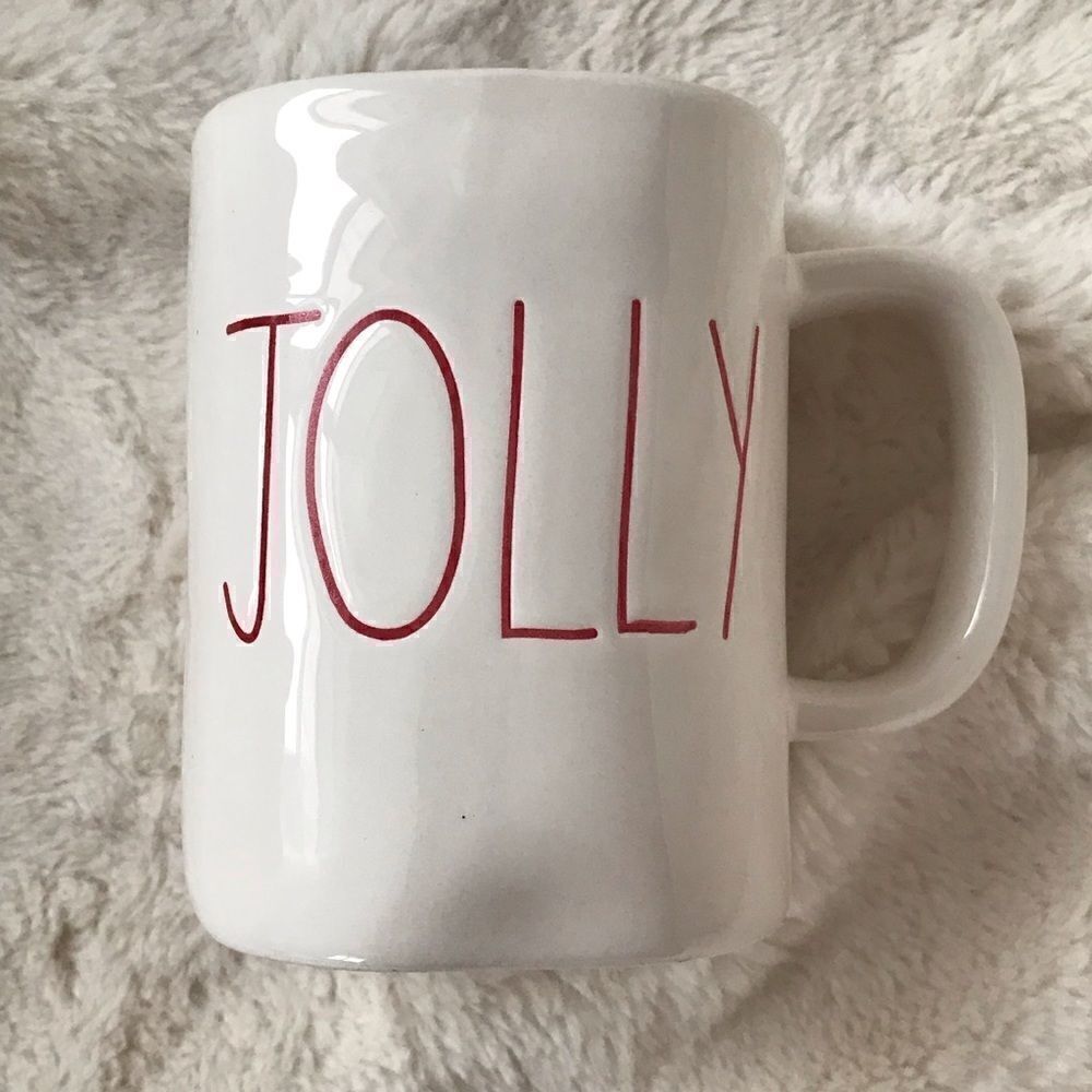 Magenta White JOLLY Mug with red interior and script